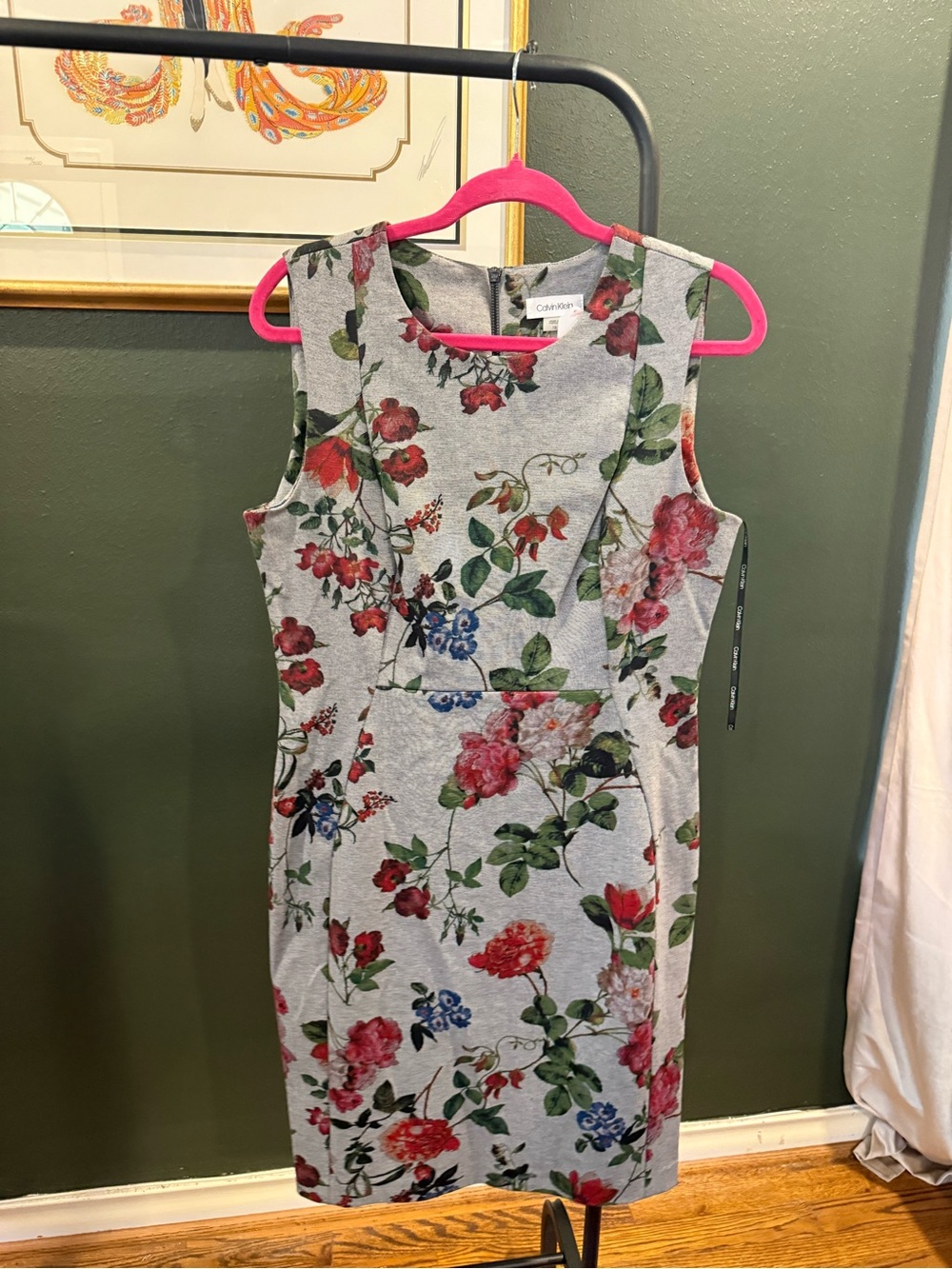 Calvin Klein Gray Midi Dress with Red and Green Floral Print